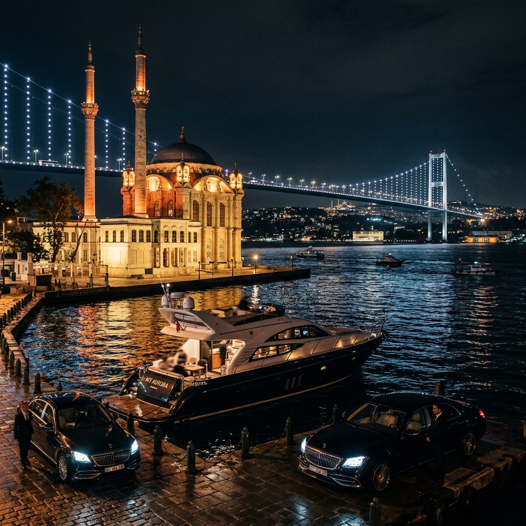 Stunning Bosphorus Bridge lights and silhouettes of historic Ortakoy at night