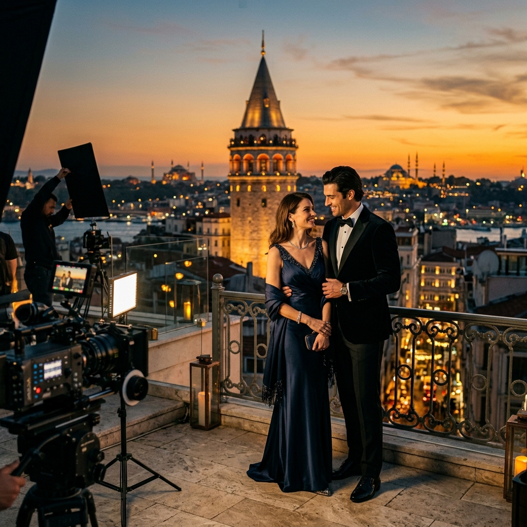 A couple overlooking Galata Tower during a professional cinematic photoshoot