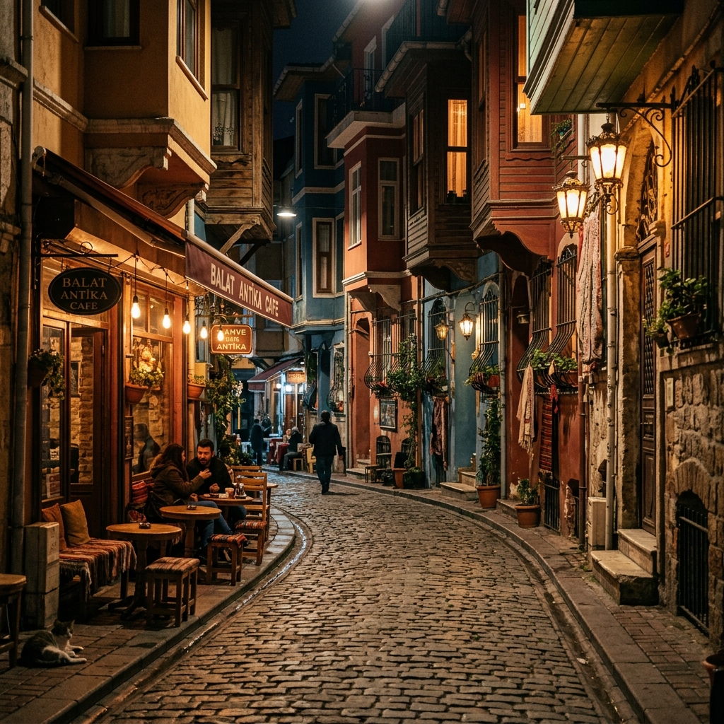 Hidden glowing street cafe in historic Balat at night