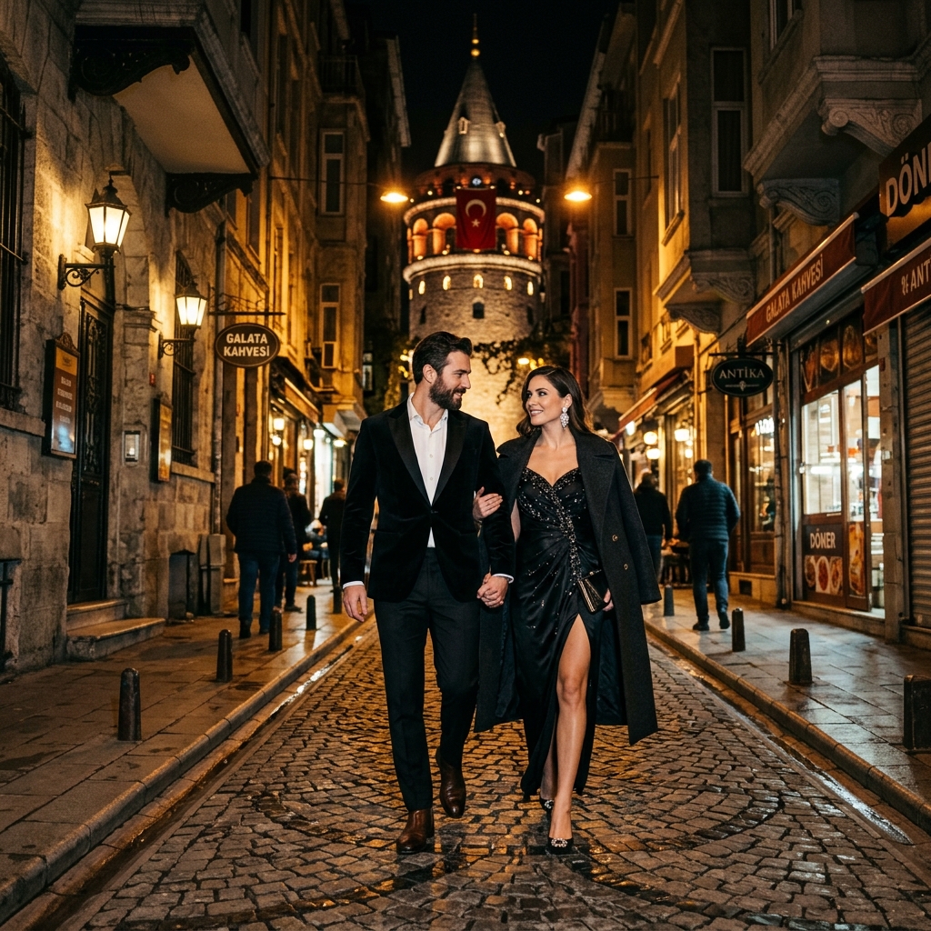 Elegant couple walking in Galata streets at night