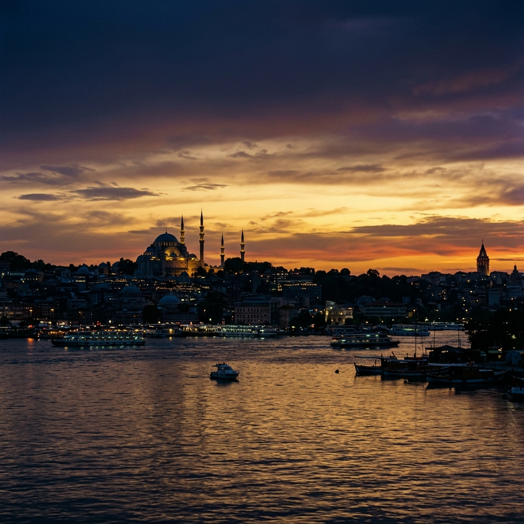 Istanbul skyline and historic mosques silhouetted at twilight