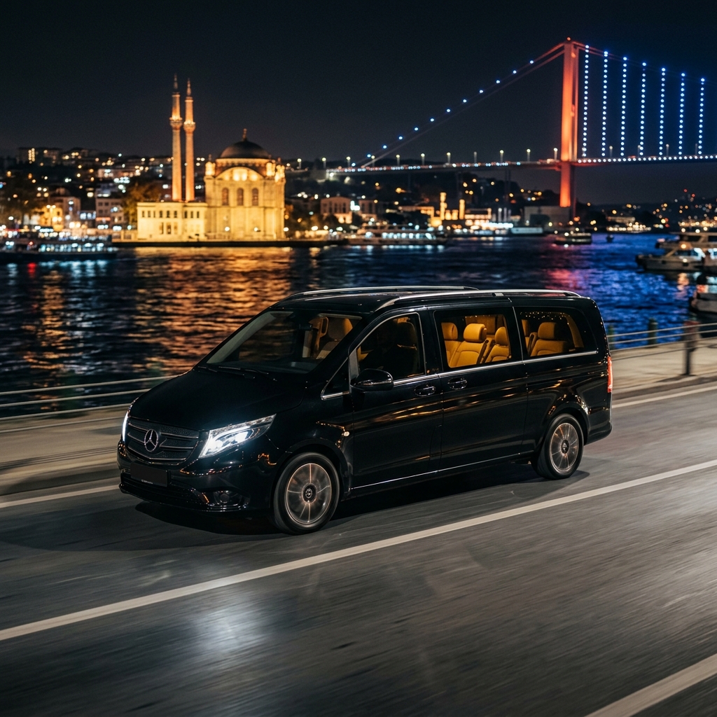 Sleek black luxury VIP transportation at night in Istanbul